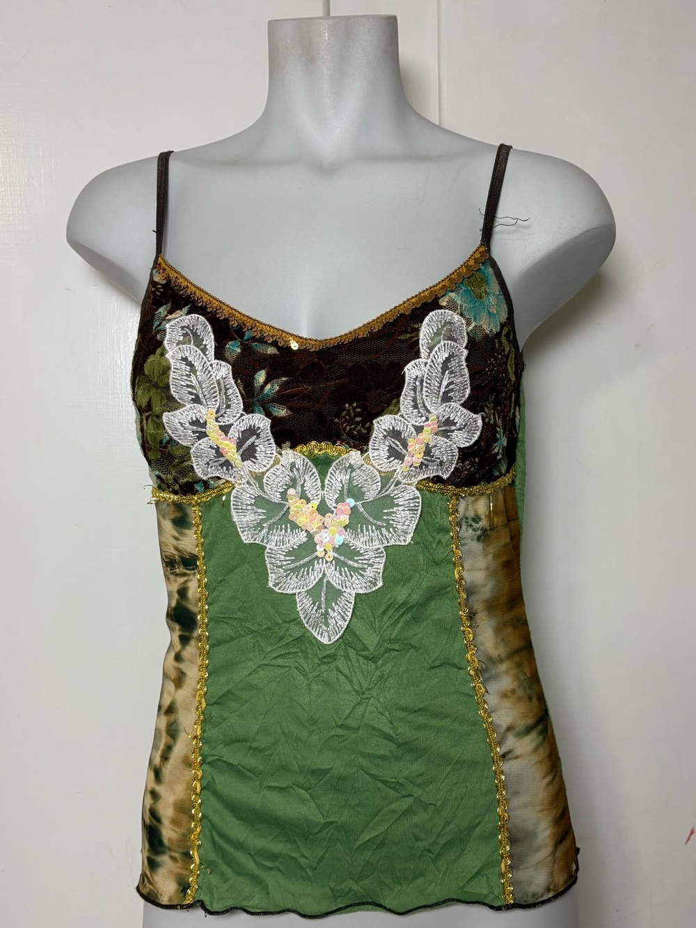 Vintage 90s Green Brown Lace Sequins Fairycore Cami Tank Top